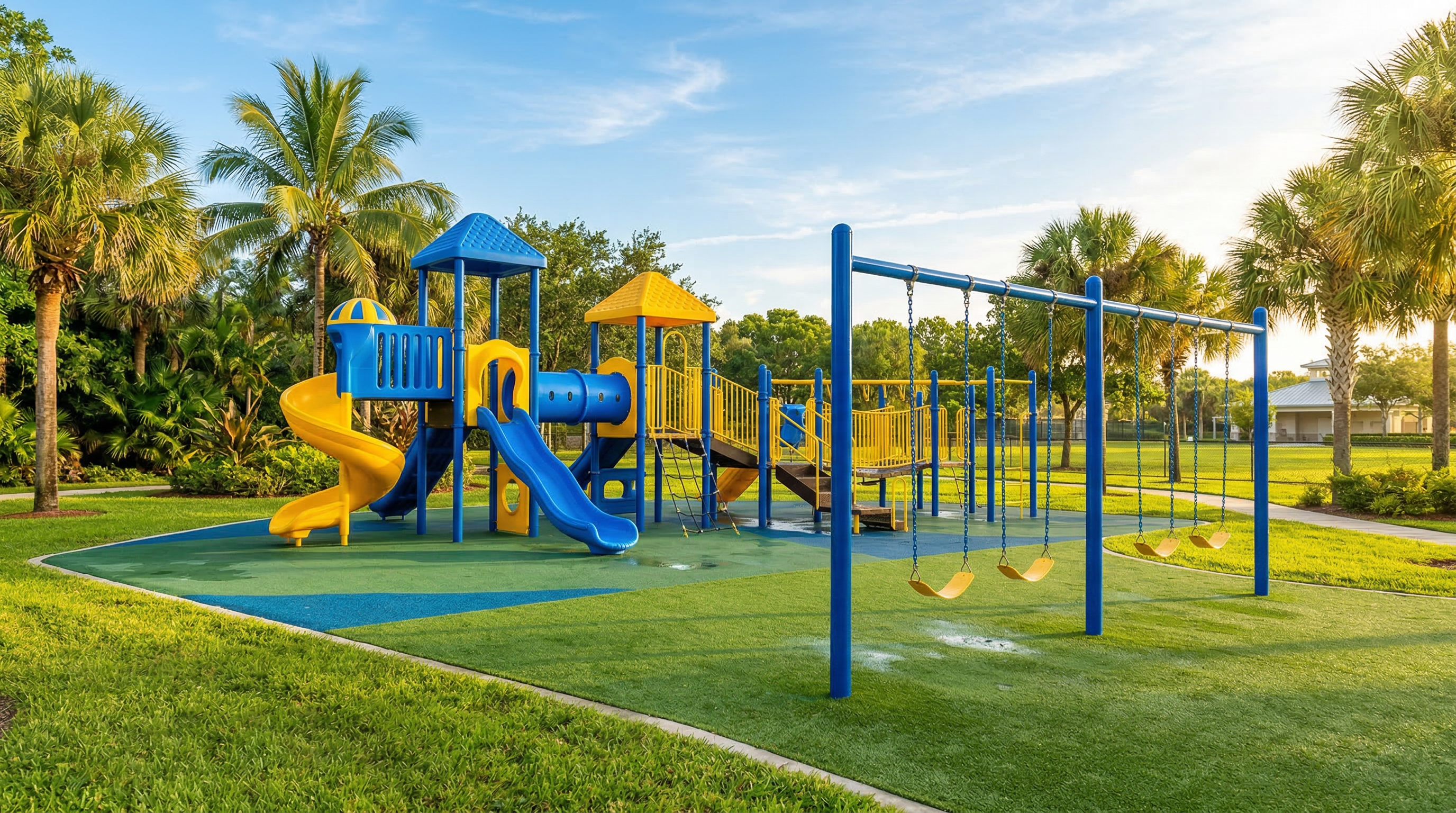 Children playing safely on a clean, bright playground in South Florida